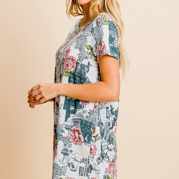 VIAMOR Rustic print Ivory Large Short Sleeve Crew Neck Floral Mid-Thigh T-Dress - Picture 3 of 7